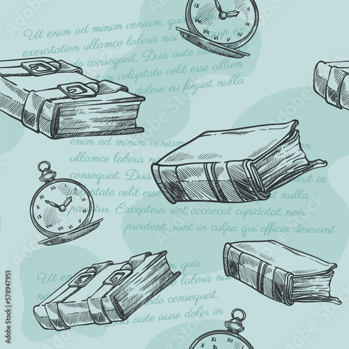 Vintage books and watch, seamless pattern design
