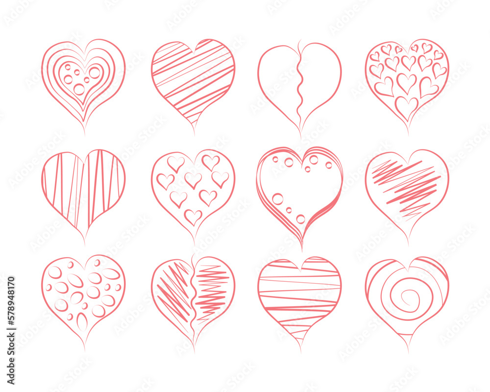 Heart. A large set of hearts drawn by hand. Stylized hearts in doodle style. Romantic hearts. Vector illustration