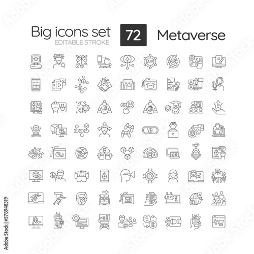Metaverse linear icons set. Technology of virtual reality. Machine learning algorithm. Computer generated models. Customizable thin line symbols. Isolated vector outline illustrations. Editable stroke