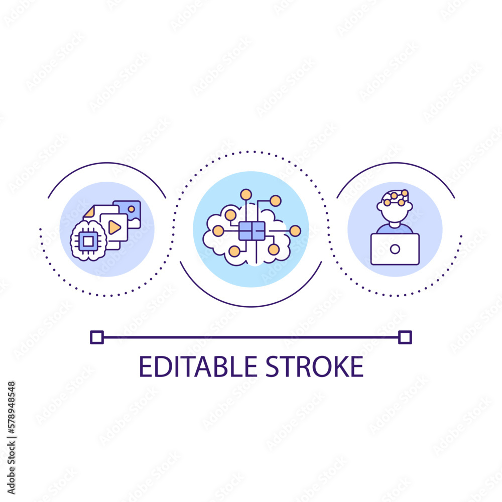 Brain computer interface loop concept icon. Control technology by your mind. Metaverse opportunities abstract idea thin line illustration. Isolated outline drawing. Editable stroke. Arial font used Brain computer interface loop concept icon. Control technology by your mind. Metaverse opportunities abstract idea thin line illustration. Isolated outline drawing. Editable stroke. Arial font used