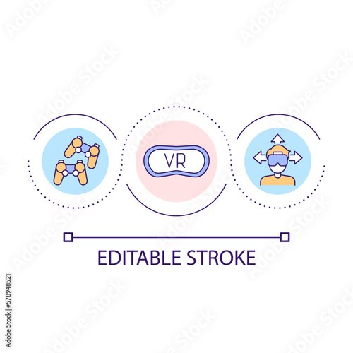 VR technology in gaming loop concept icon. Realistic simulation of scenes. Multiverse abstract idea thin line illustration. Isolated outline drawing. Editable stroke. Arial font used