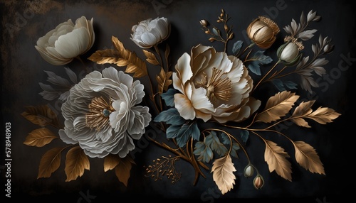 Generative AI, Close up of blooming flowerbeds of amazing white and golden flowers on dark moody floral textured background. Photorealistic effect. 