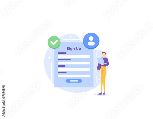 sign-up or registration. online registration. a user or registrant fills out the registration form. Enter personal data into a form. people create new accounts. illustration concept design. vector 