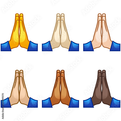Emotional pray high five emoji hand set of various skin tones cute cartoon stylized vector cartoon illustration icons. Isolated on white background.