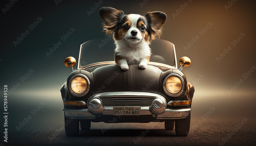 Fototapeta cute little dog inside a vintage car. Created with Generative AI.