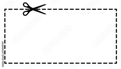 Scissors cut coupon on dotted line with dash icon. Shear trim square rectangular shape coupon or kids cutting practice page along the guide line with dash or dot border. Vector flat illustation. © Irina