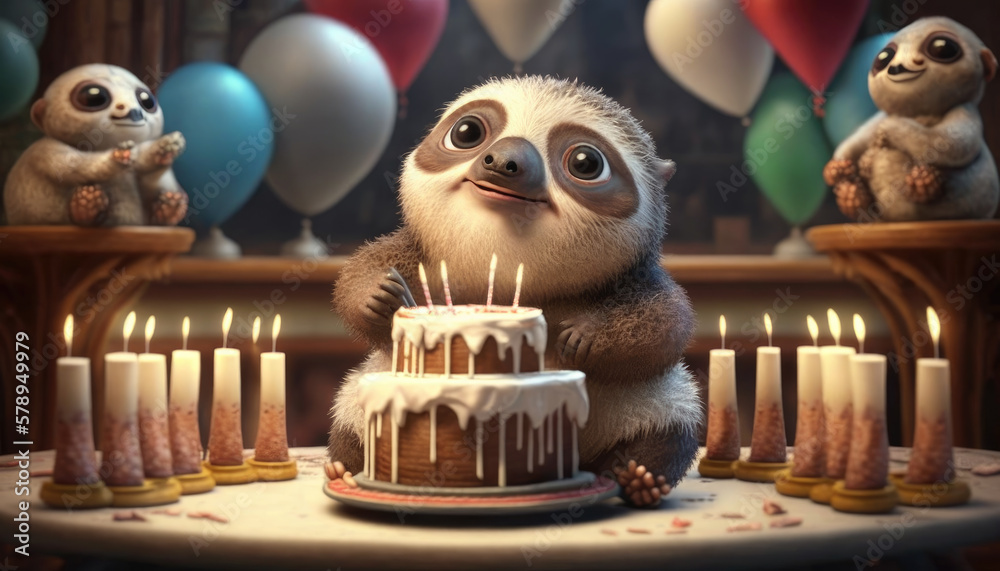 birthday of a cute sloth. Created with Generative AI.