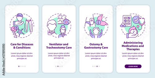 Private duty nursing care onboarding mobile app screen. Walkthrough 4 steps editable graphic instructions with linear concepts. UI, UX, GUI template. Myriad Pro-Bold, Regular fonts used