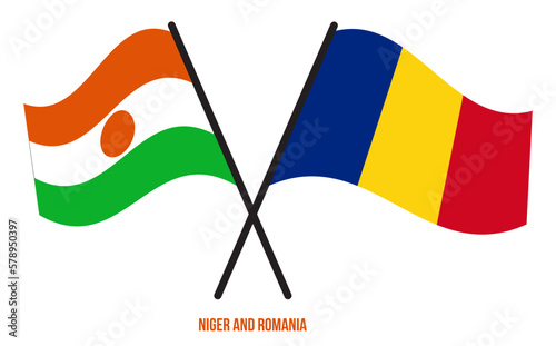 Niger and Romania Flags Crossed And Waving Flat Style. Official Proportion. Correct Colors.