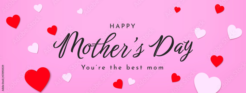Happy mothers day banner with paper flying heart elements. Vector love symbol and calligraphic text happy mothers day on pink background.
