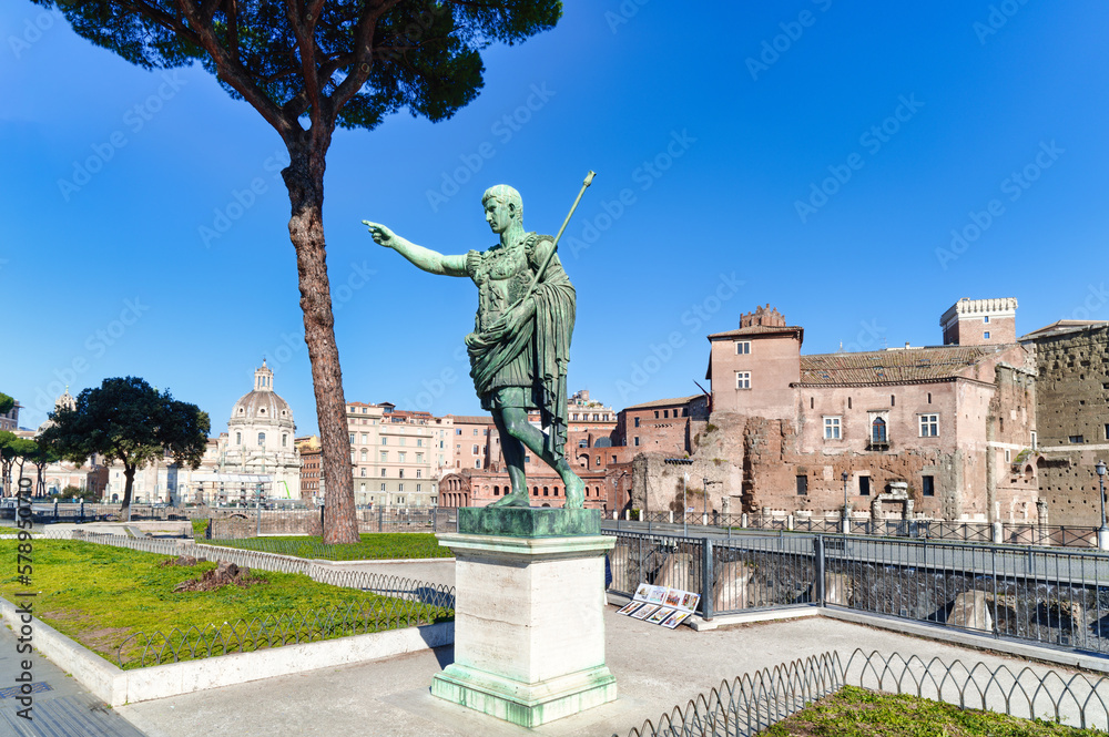 Statue of Emperor Traiano along  Fori Imperiali street in Rome