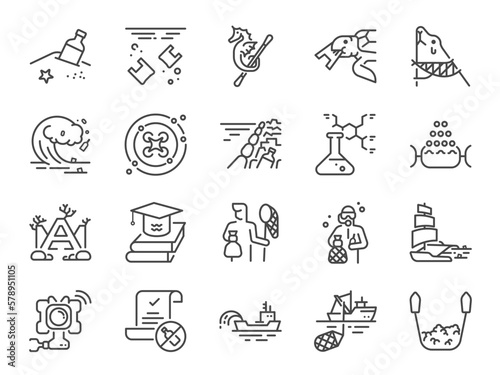 Ocean garbage cleanup icon set. It included icons such as trash, floating debris, dirty beach, debris trap, dredging, trawling, and more.