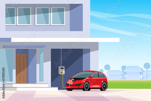 Electric car on home charging station. Installation of charging stations in houses. Direction for using clean energy. vector illustration