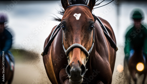 Horse race with a close-up of a horse's face, showing the intensity and focus in its eyes as it races towards the finish line Generative AI © Starlight