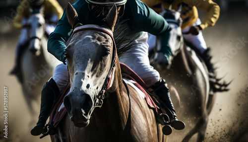 Horse race with a detailed look at the jockeys and their horses, showing the relationship and trust between rider and mount as they navigate the course Generative AI