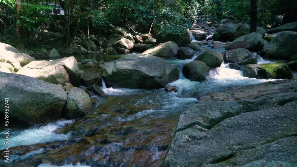 Calm flow in the lower reaches of a mountain river among rocks Calm flow in the lower reaches of a mountain river among rocks