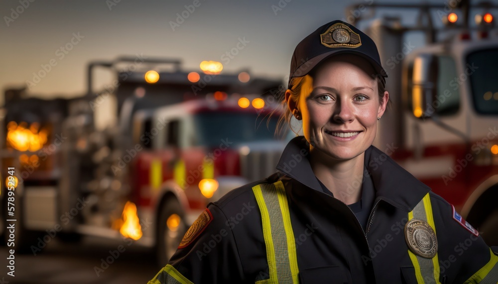 A beautiful smiling young female firefighter beside of a blurry fire station background generative ai A beautiful smiling young female firefighter beside of a blurry fire station background generative ai