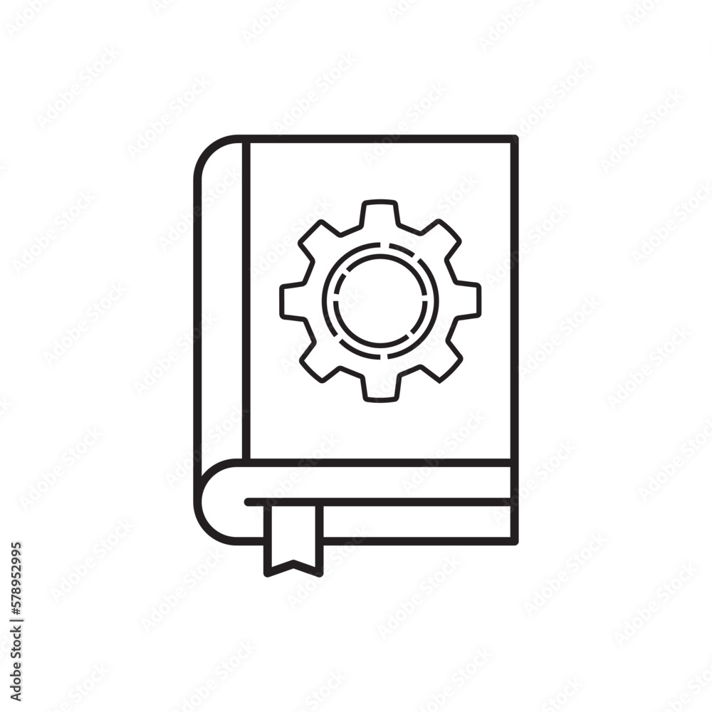 black thin line manual with gear icon. flat linear style trend modern logotype graphic design isolated on white background. concept of tech instruction or rulebook and badge of technical support black thin line manual with gear icon. flat linear style trend modern logotype graphic design isolated on white background. concept of tech instruction or rulebook and badge of technical support