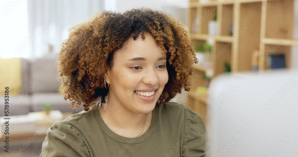 Online student smile, computer and e learning of a gen z person at home doing digital studying. Education video watching, happy and female doing a web search for copywriting course on a college app