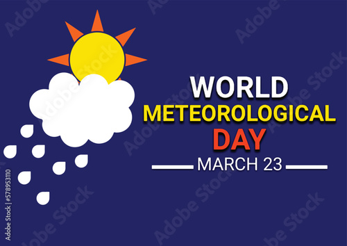 World Meteorological Day Vector illustration with sun and clouds on blue background. March 14. Holiday concept. Template for background, banner, card, poster with text inscription.