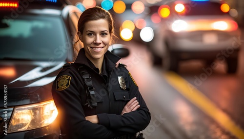 a beautiful smiling young police beside of a blurry traffic light and police car background