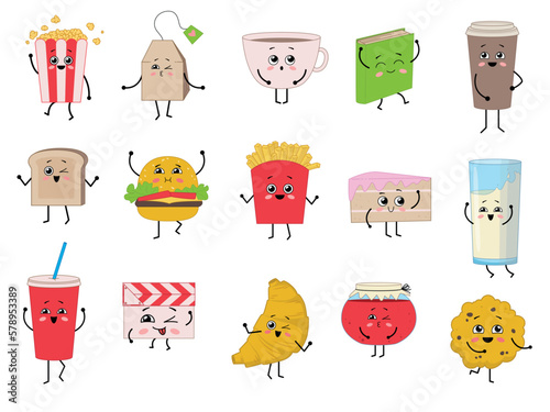 Collection of a cute kawaii food and objects. Cartoon characters - popcorn, soda, coffee, tea, book, , milk, cookie, hamburger, cake, fries, jam, croissant, clapperboard, toast. Vector illustration