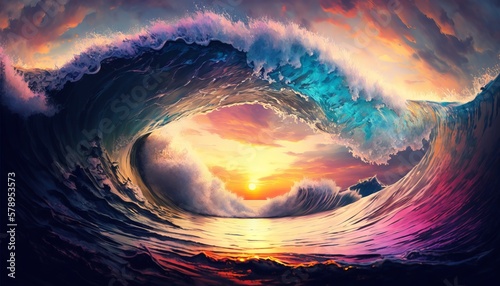 Colorful Ocean Wave. Sea water in crest shape. Sunset light and beautiful clouds on background. Generative ai