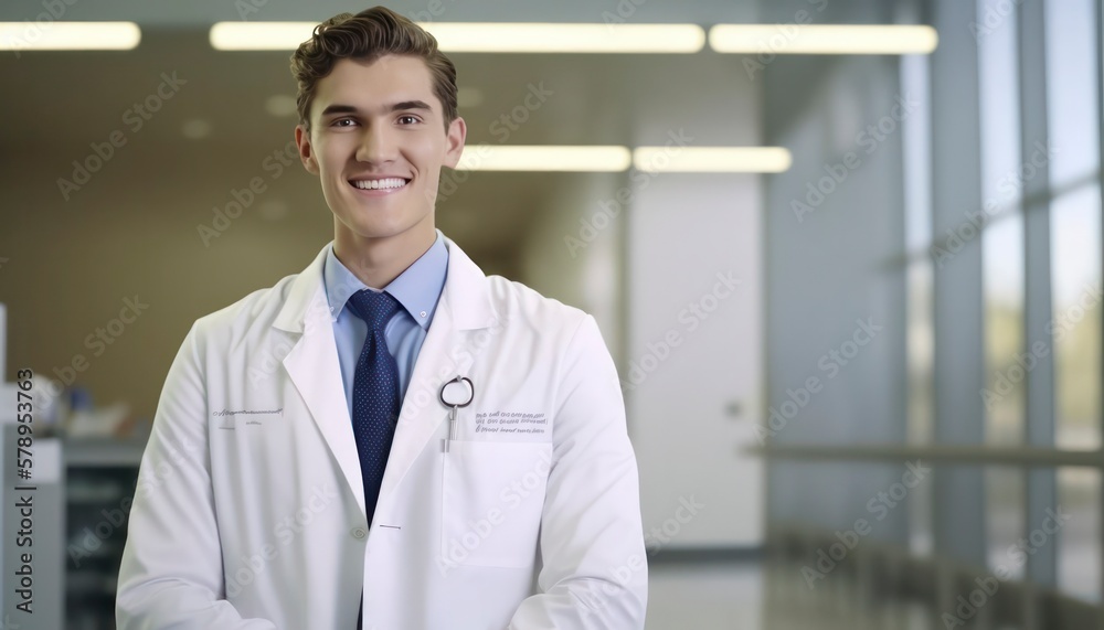 a beautiful smiling young male scientist in front of a blurry white laboratory background generative ai a beautiful smiling young male scientist in front of a blurry white laboratory background generative ai