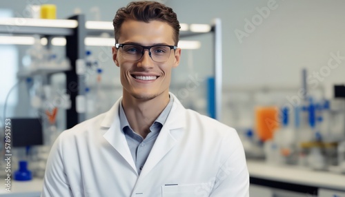 a beautiful smiling young male scientist in front of a blurry white laboratory background generative ai