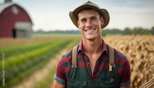  a beautiful smiling young farmer in front of a farm background generative ai