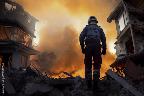 Rescuers in uniform and helmets dismantle the rubble of houses after the earthquake, the ruined city and multi-storey buildings, disaster, the consequences of a strong earthquake. Generative AI. photo
