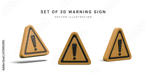 Set of 3d realistic triangle warning sign with exclamation mark isolated on white background. Vector illustration