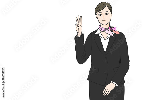 笑顔で指を3本立てるスーツ姿の女性のイラスト 上半身正面