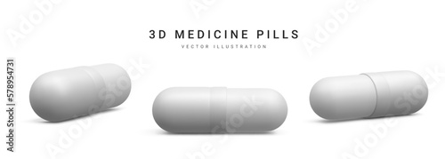 Set of 3d realistic capsule pills isolated on white background. Medicine and drugs. Vector illustration