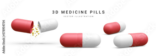 Set of 3d realistic oval, round and capsule shaped tablets isolated on white background. Medicine and drugs. Vector illustration