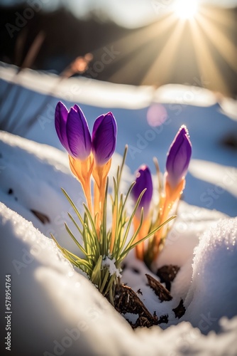 Spring landscape with first flowers purple crocuses on the snow in nature in the rays of sunlight, Generative AI