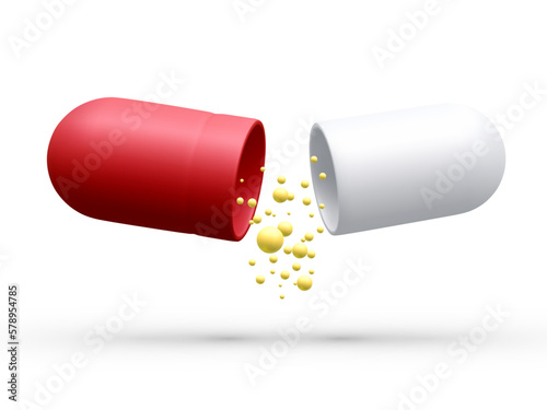 3d realistic opened red-white capsule with yellow balls isolated on white background. Capsule pill and molecules as data visualization chemical composition info. Vector illustration