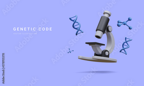 3d realistic banner with microscope, molecules and dna isolated on blue background. Medicine, biology, chemistry and science concept in cartoon style. Vector illustration