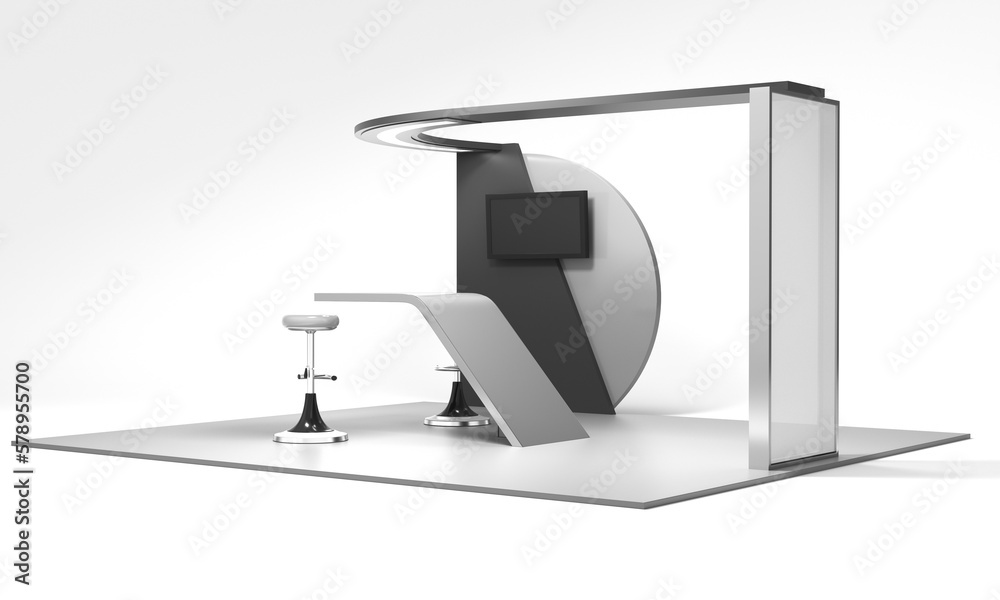 Exhibition Booth With Big Whiteboard, Retail Trade Stand, Counter For Helping Service, 3D render Exhibition Booth With Big Whiteboard, Retail Trade Stand, Counter For Helping Service, 3D render