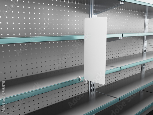 Supermarket Empty Shelf With Single Vertical Stopper Or Wobbler. Blank Shelf Banner Display Mock-up. 3D rendering	