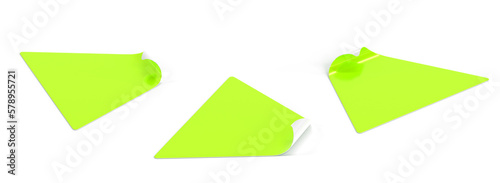 Free Download Green paper stickers with peel off corners, adhesive label or price tag 3d render. Realistic set of blank triangle badges, sticky notes with flip edge isolated on white background - GFXLoad