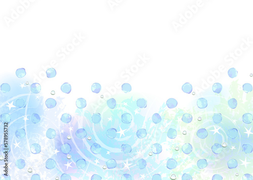 水辺をイメージした淡い水彩風の背景と水玉模様
