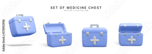 Set of 3d realistic medicine chest isolated on white background. First aid kit in cartoon style. Vector illustration