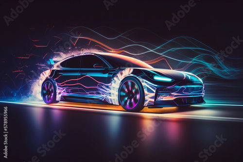 Modern electric car with glowing neon lights  motion blur effect  Generative AI