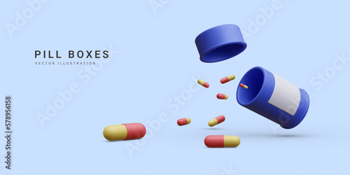 3d realistic pill bottle with flying treatment medication capsule pills isolated on white background. Health care concept banner for pharmacy. Vector illustration