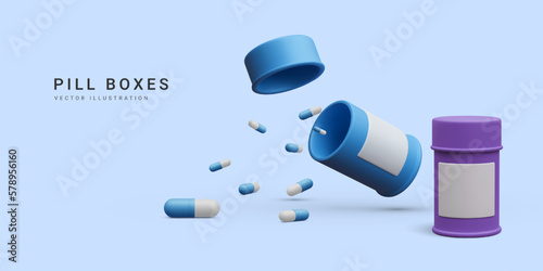 3d realistic pill bottles with flying treatment medication capsule pills isolated on white background. Health care concept banner for pharmacy. Vector illustration