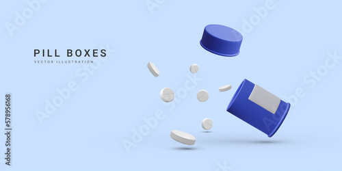 3d realistic pill bottle with flying treatment medication pills isolated on white background. Health care concept banner for pharmacy. Vector illustration