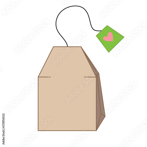 Cartoon tea bag with a tag with a heart. Vector illustration on a white background