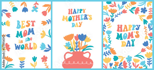 set of mother's day greeting cards, posters, prints, signs, banners, invitations and templates decorated with lettering groovy quotes and abstract florals. EPS 10
