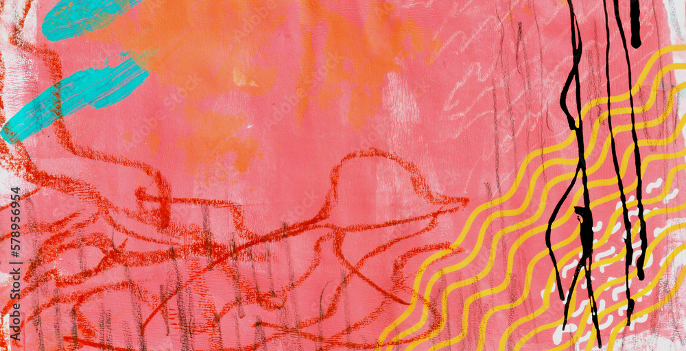 Modern abstract painting, color splash, doodle line, scratch and ink